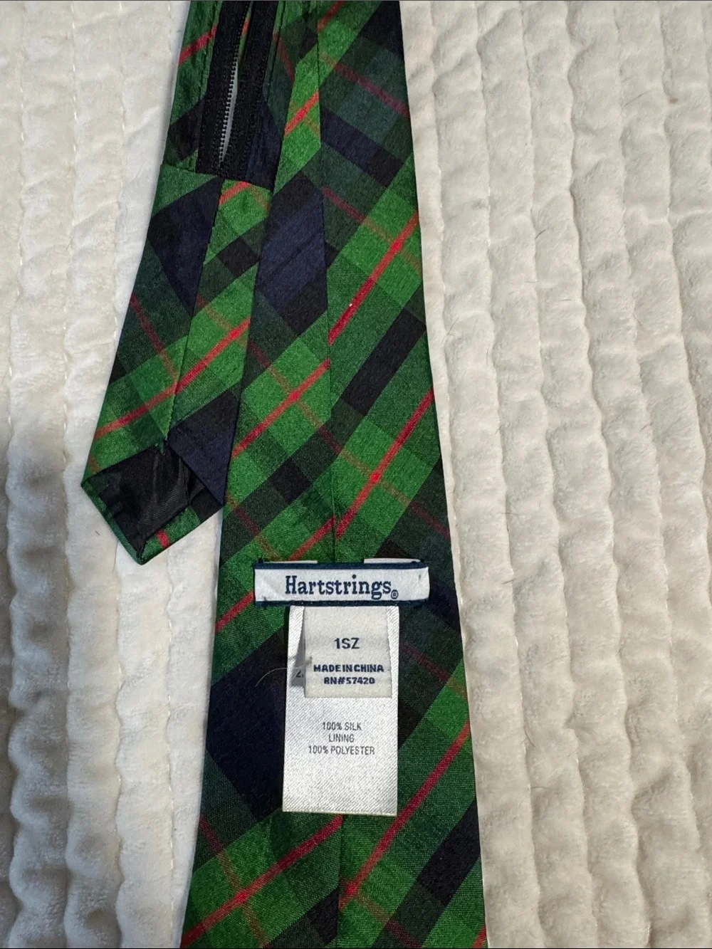 Hartstrings Green and Navy Plaid Kids Silk zip Tie with Red Accents